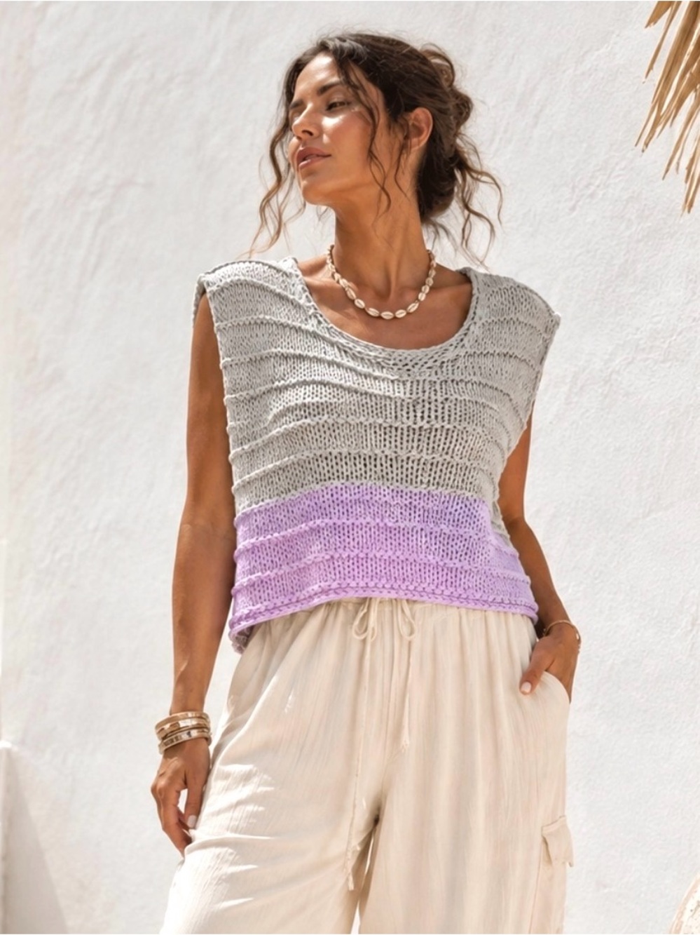 Handmade Organic Cotton Knit Top XL Oversized Boho Gray Lilac Sleeveless